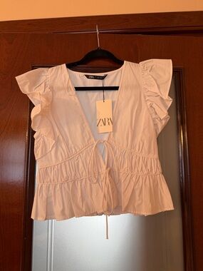 ZARA Cream Ruffle Tie-Front Peplum Blouse